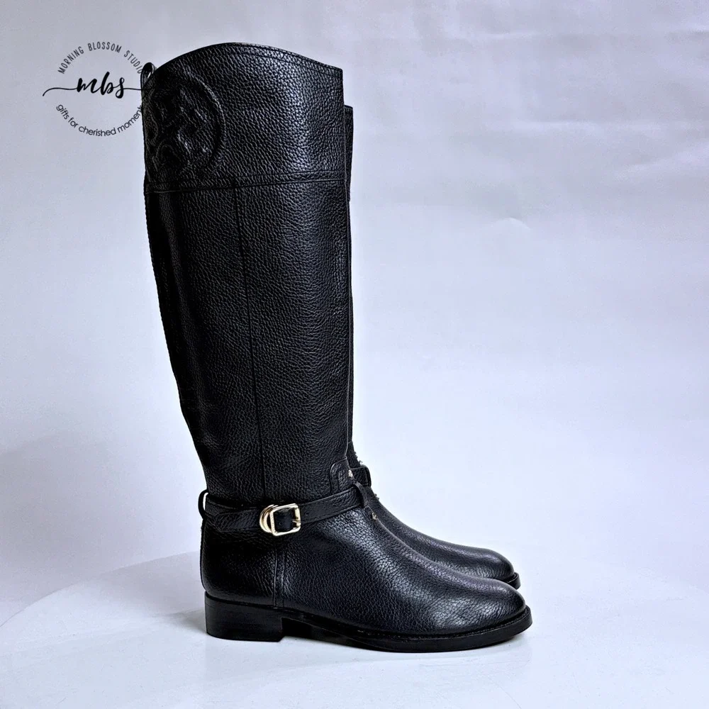 NWOT Tory Burch Thea Riding Boots Equestrian Leather Zip‎ Buckle Black Women 6.5